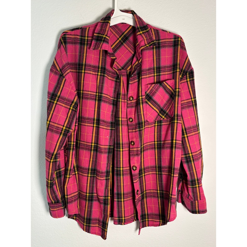 Fantaslook Pink Plaid Flannel Shirt Womens Large Long Sleeve Button Down Blouse